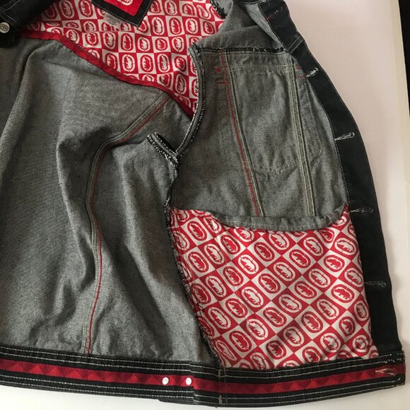 ECKO UNLIMITED Mens MEDIUM Trucker Button Down Denim Vest Black Gray Red Y2K - Picture 5 of 11